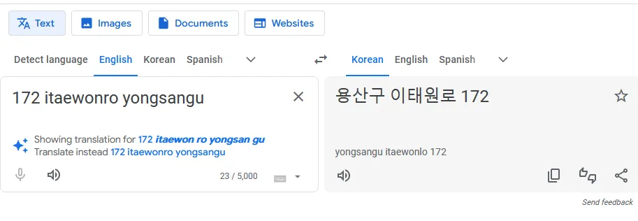 Screenshot of Google Translate converting a US in Latin address to KR in Hangul